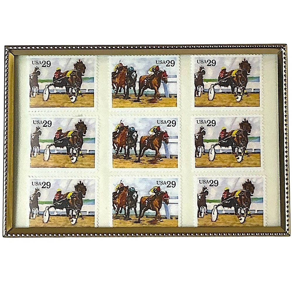 1993 Sporting Horses Harness Racing 29c Stamp Sheet of 9 in Gold Frame Stamp Art - Picture 8 of 16